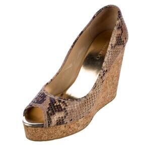 Jimmy Choo Snakeskin Leather Papina Platform Peep Toe Cork Wedge IT 41/10-10.5